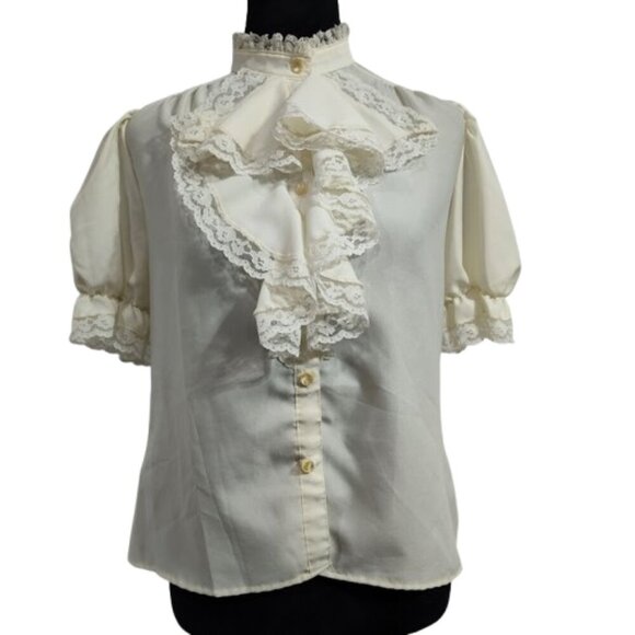 Vintage Brian Michele Puff Sleeve Ruffle Tuxedo Button Down Ivory Petite - Picture 2 of 13